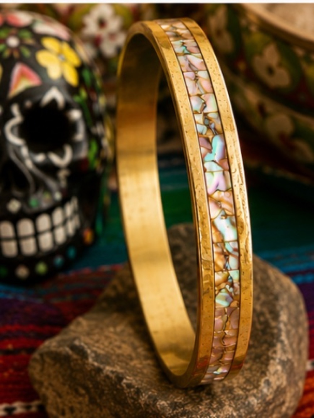 Vintage Mexico Gold Tone Abalone Shell Inlay Bangle Bracelet Boho Southwestern